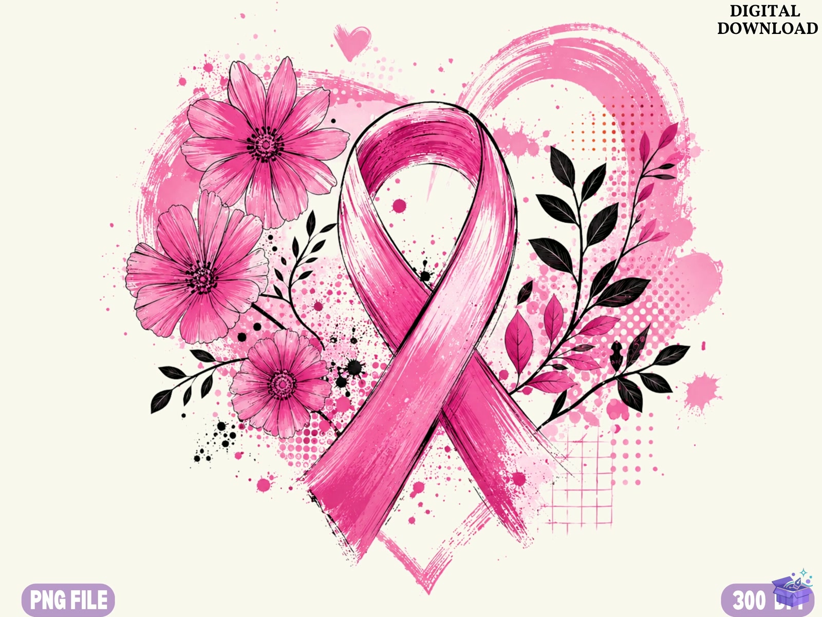 Pink Floral Breast Cancer Awareness Ribb - DTF & Süblimasyon Baskı Tasarımı (SVG, DXF, EPS, PNG) - DTF Baskı Tasarımları İndir (DXF, SVG, EPS)