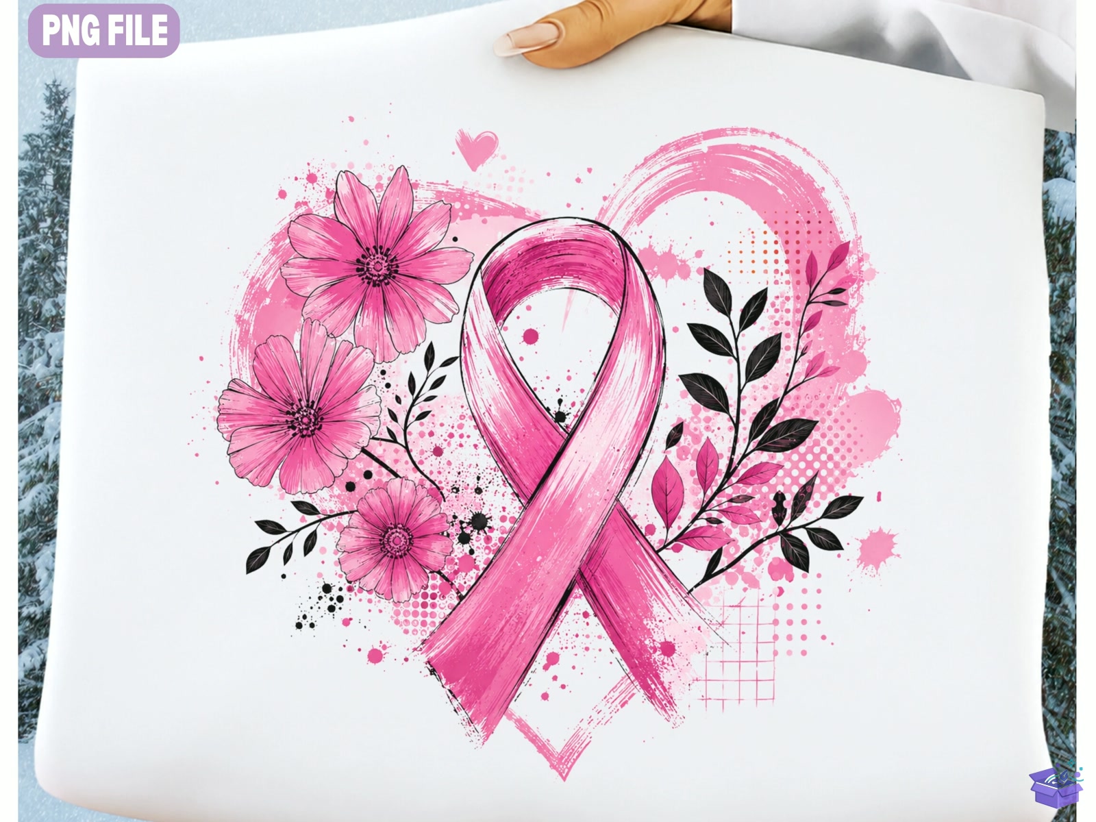 Pink Floral Breast Cancer Awareness Ribb - DTF & Süblimasyon Baskı Tasarımı (SVG, DXF, EPS, PNG) - detaylı önizleme 2