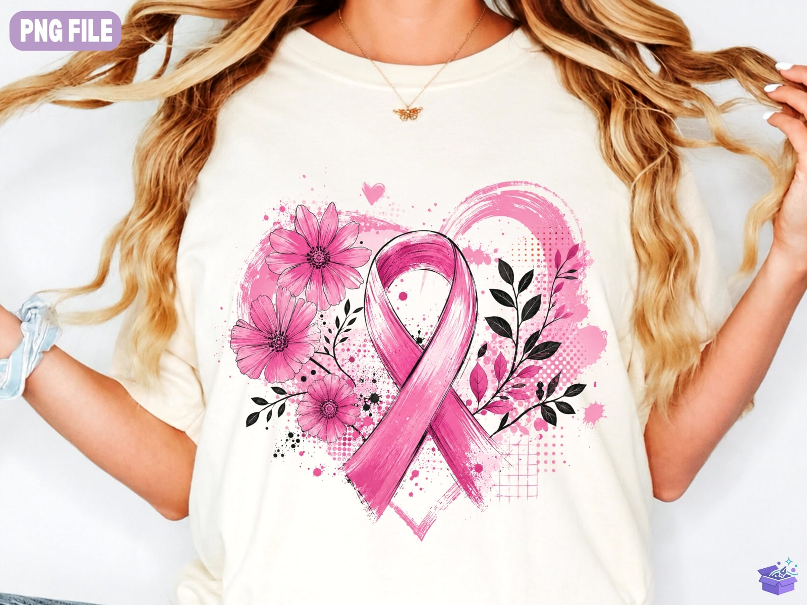 Pink Floral Breast Cancer Awareness Ribb - DTF & Süblimasyon Baskı Tasarımı (SVG, DXF, EPS, PNG) - detaylı önizleme 3