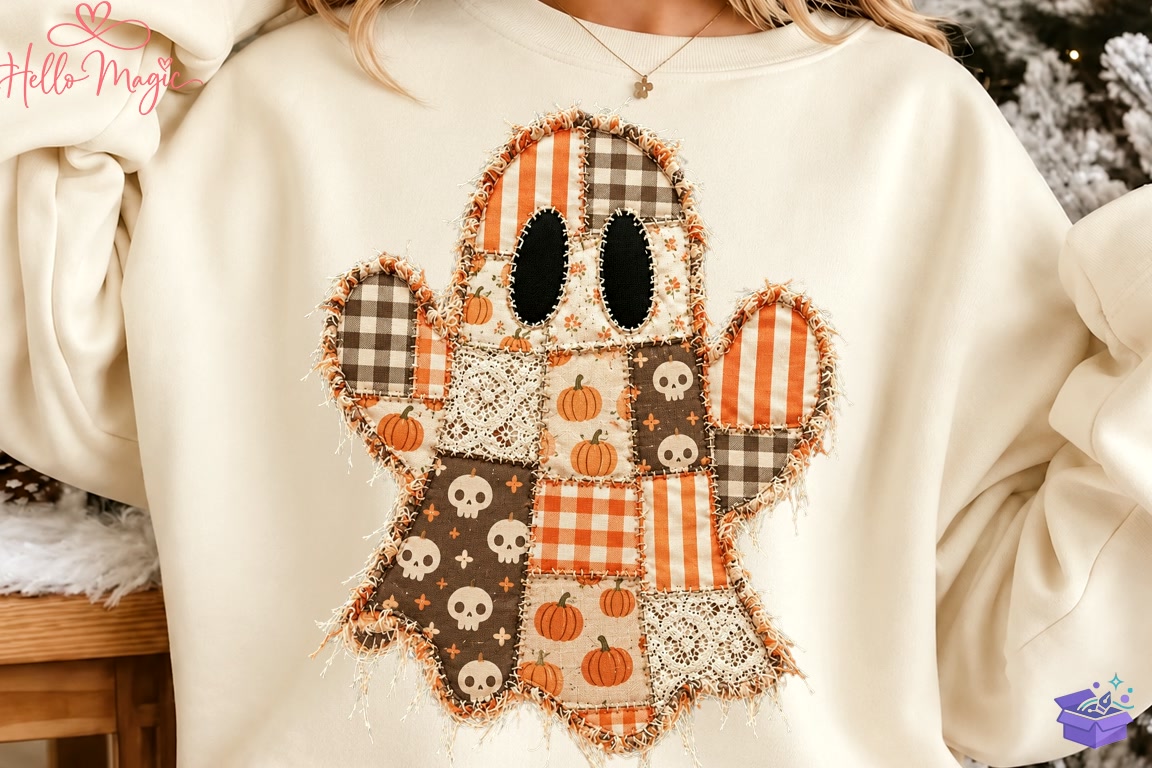 Floral Patchwork Cadılar Bayramı Ghost PNG - DTF & Süblimasyon Baskı Tasarımı (SVG, DXF, EPS, PNG) - detaylı önizleme 2