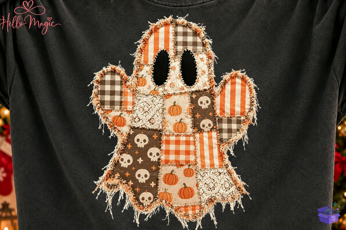 Floral Patchwork Cadılar Bayramı Ghost PNG - DTF & Süblimasyon Baskı Tasarımı (SVG, DXF, EPS, PNG) - detaylı önizleme 3