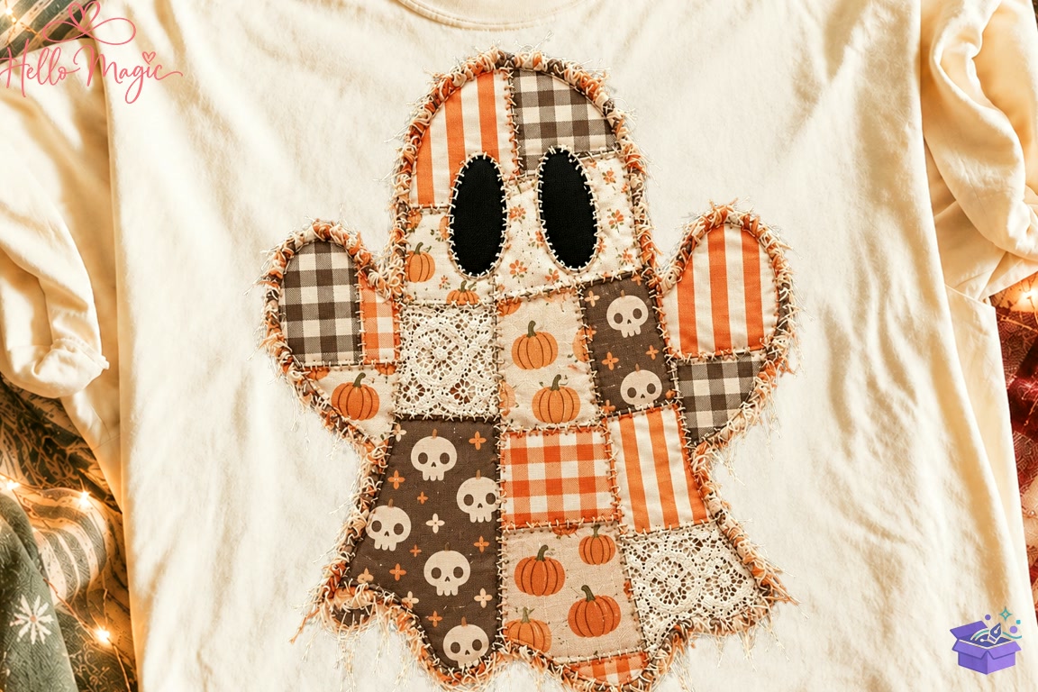 Floral Patchwork Cadılar Bayramı Ghost PNG - DTF & Süblimasyon Baskı Tasarımı (SVG, DXF, EPS, PNG) - detaylı önizleme 5