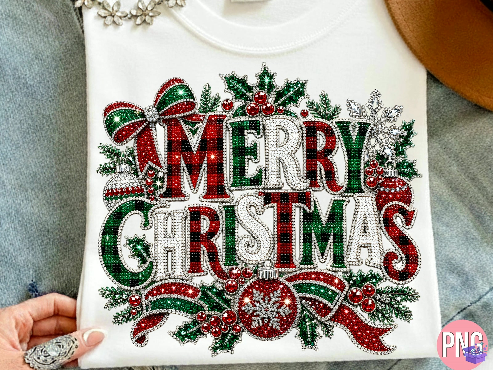 Rhinestone Merry Yılbaşı PNG T Shirt - DTF & Süblimasyon Baskı Tasarımı (SVG, DXF, EPS, PNG) - detaylı önizleme 2