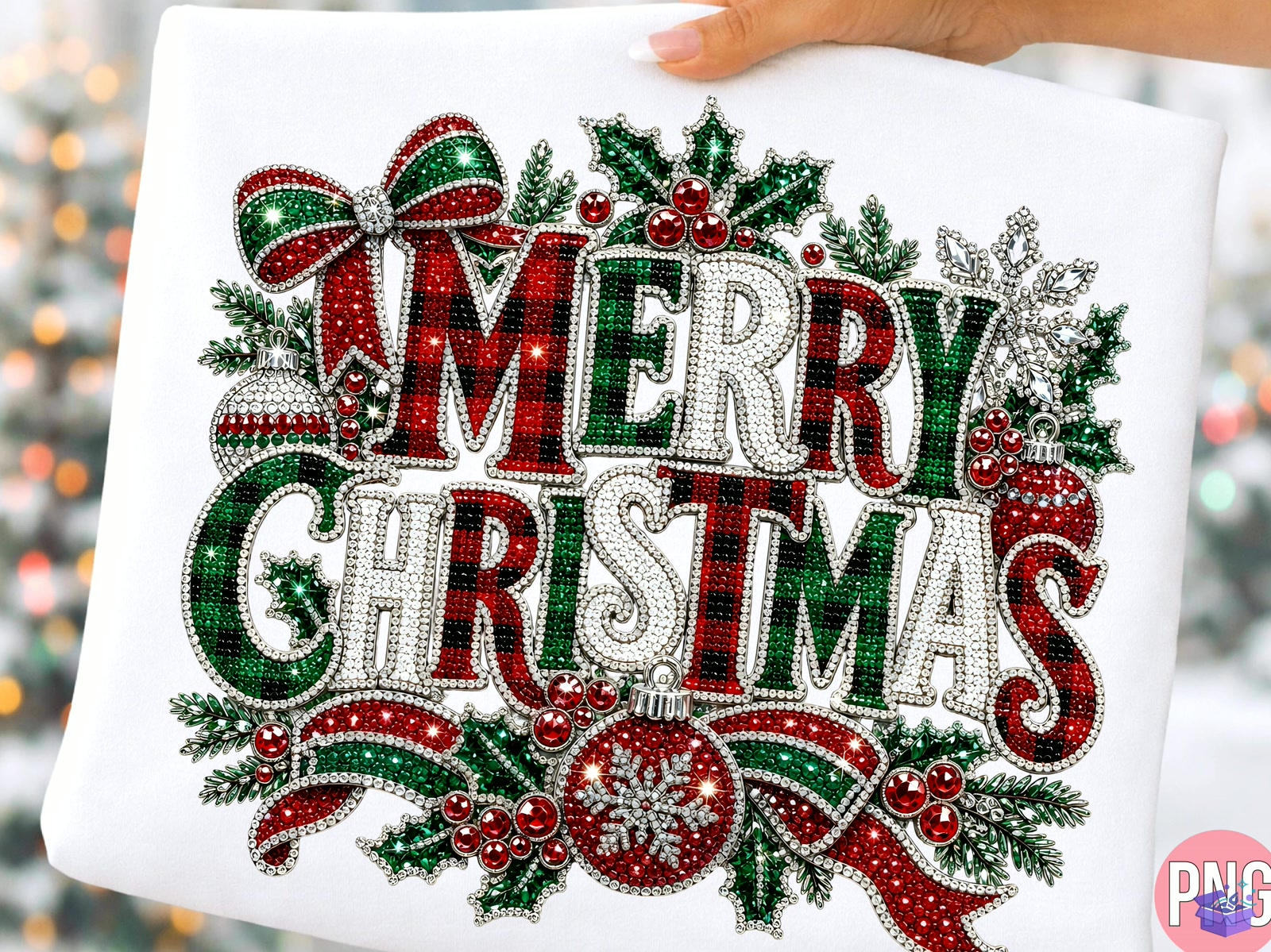 Rhinestone Merry Yılbaşı PNG T Shirt - DTF & Süblimasyon Baskı Tasarımı (SVG, DXF, EPS, PNG) - detaylı önizleme 3