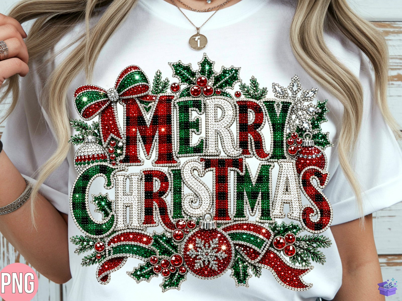 Rhinestone Merry Yılbaşı PNG T Shirt - DTF & Süblimasyon Baskı Tasarımı (SVG, DXF, EPS, PNG) - detaylı önizleme 4