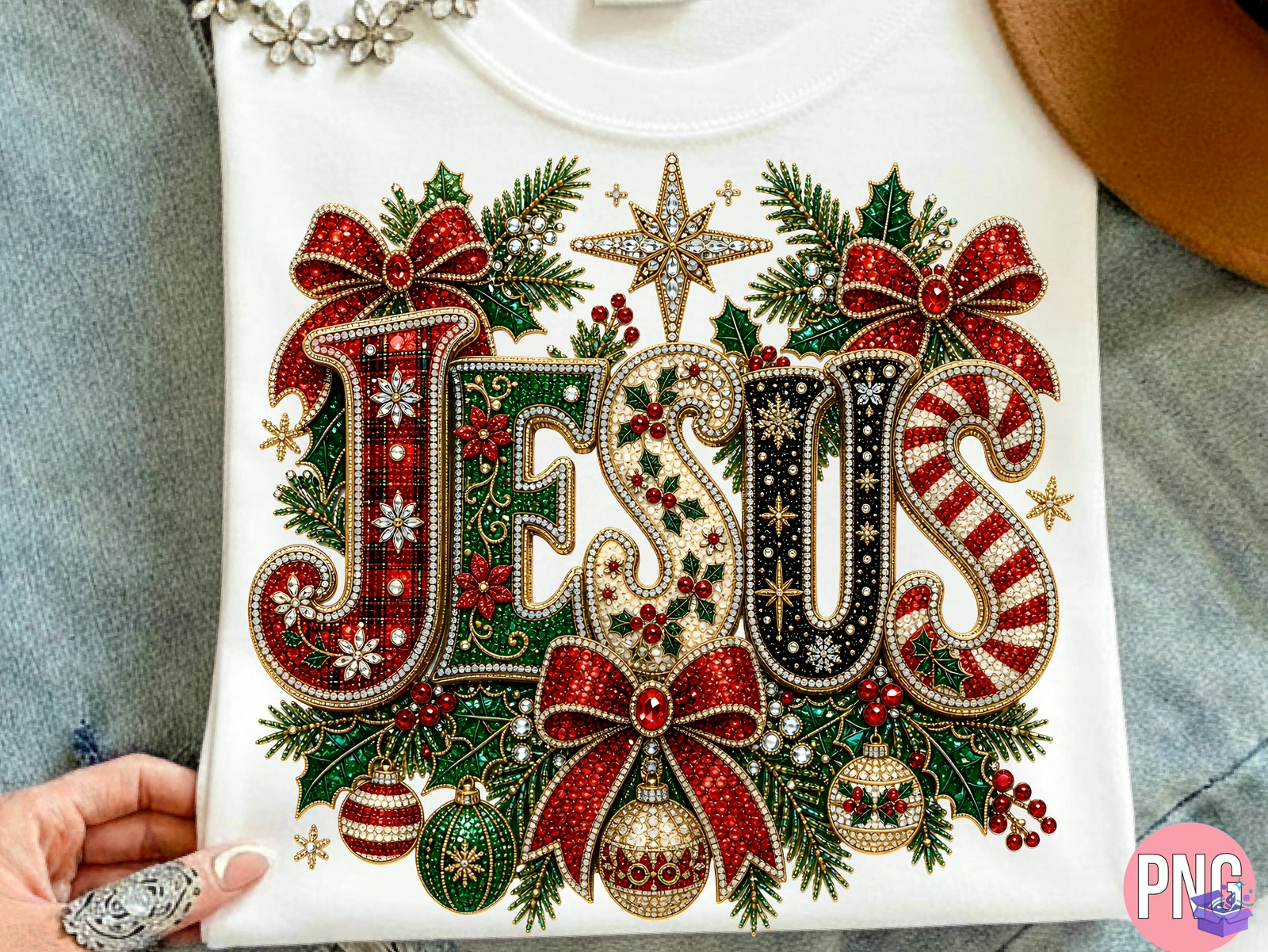 Rhinestone Jesus Yılbaşı PNG Tshirt - DTF & Süblimasyon Baskı Tasarımı (SVG, DXF, EPS, PNG) - detaylı önizleme 2