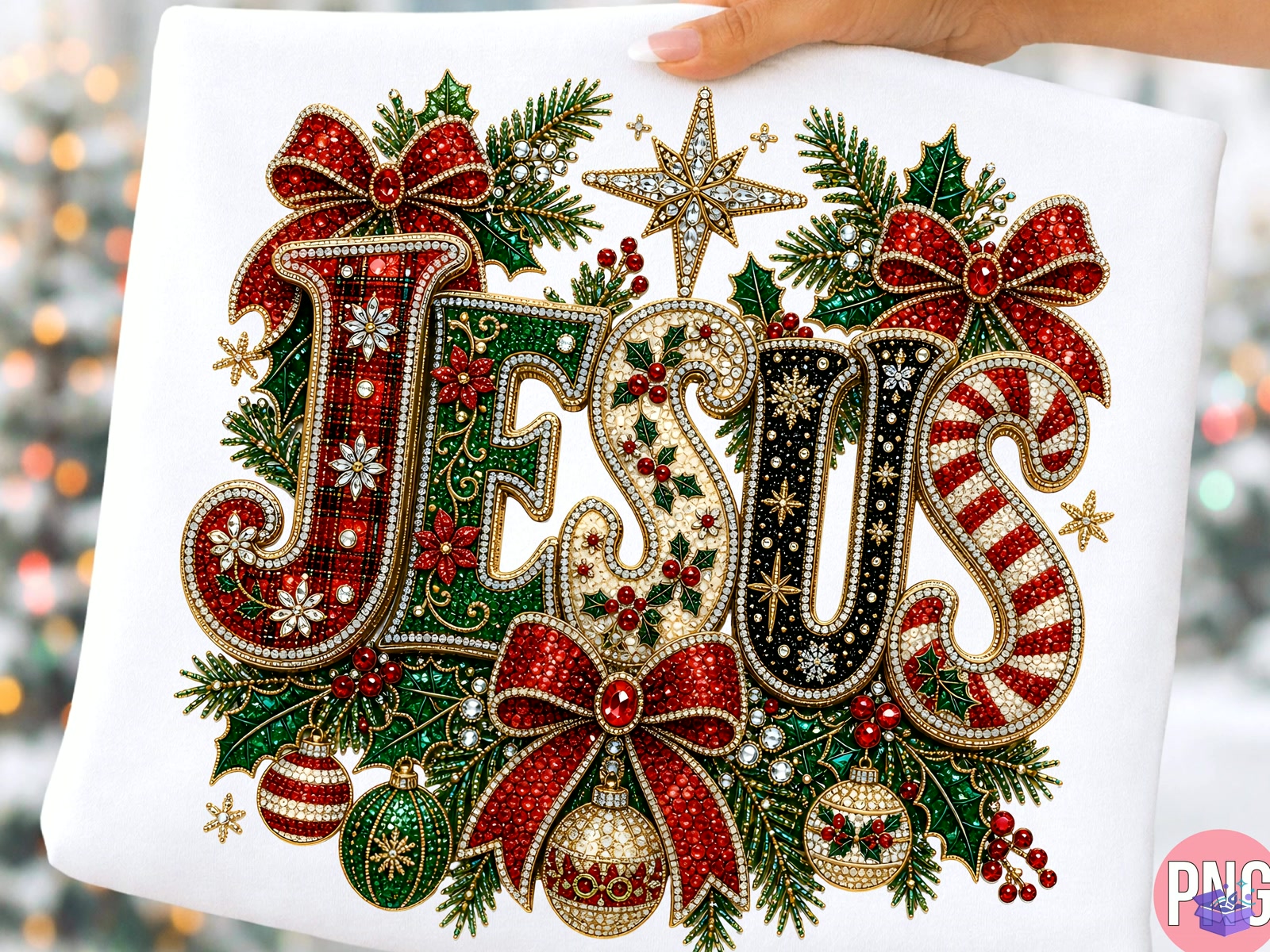 Rhinestone Jesus Yılbaşı PNG Tshirt - DTF & Süblimasyon Baskı Tasarımı (SVG, DXF, EPS, PNG) - detaylı önizleme 3