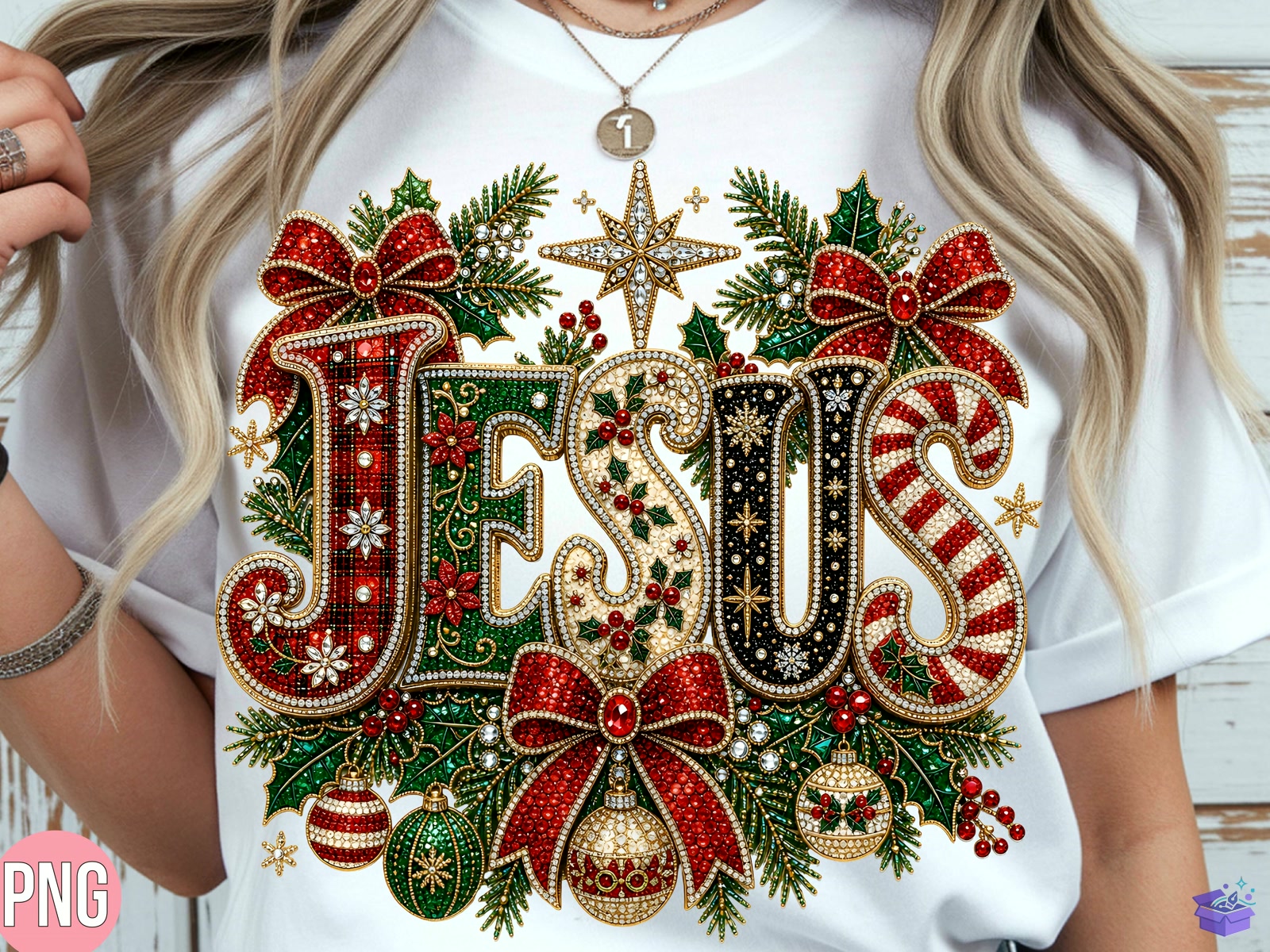 Rhinestone Jesus Yılbaşı PNG Tshirt - DTF & Süblimasyon Baskı Tasarımı (SVG, DXF, EPS, PNG) - detaylı önizleme 4