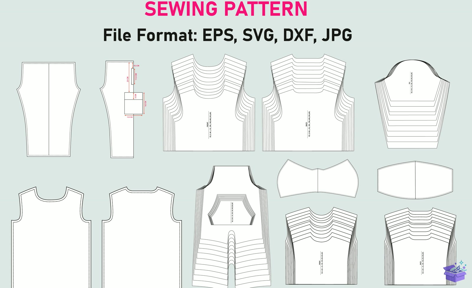 Garments Sewing CAD Desen - Profesyonel Sunum Mockup Şablonu (SVG, DXF, EPS, PNG) - El İşi & Zanaat İndir (DXF, SVG, EPS)