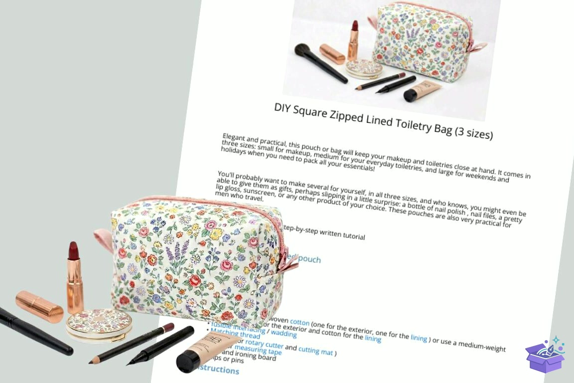 DIY Square Zipped Lined Toiletry Bag (3 - El İşi ve Kesim Dosyası (SVG, DXF, EPS, PNG) - detaylı önizleme 2