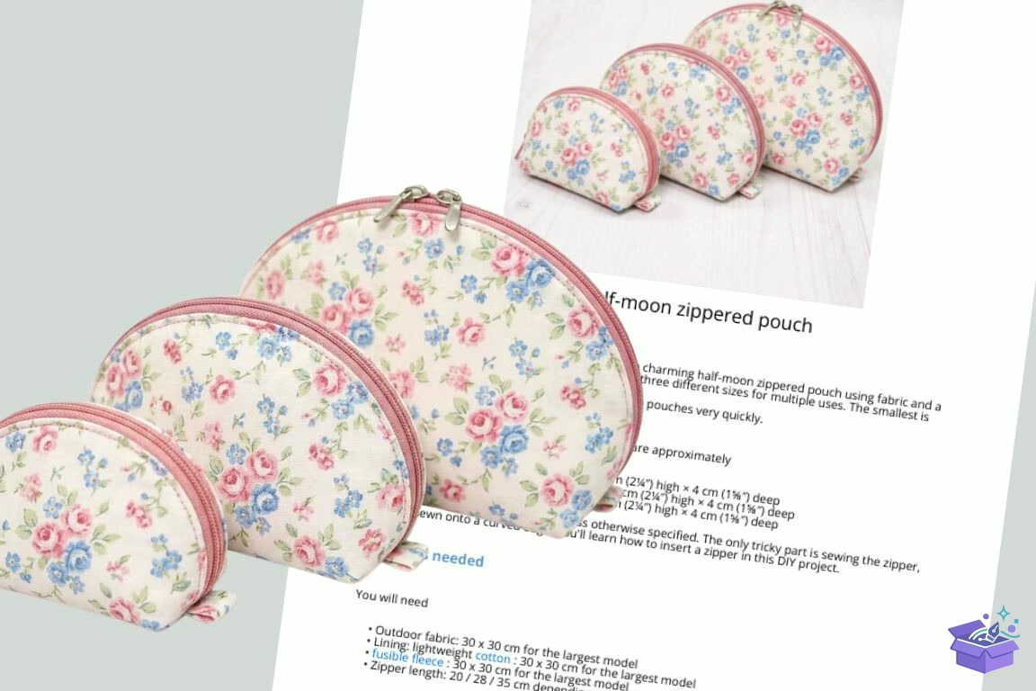 Sewing Desen Half Moon Zipper Pouch - El İşi ve Kesim Dosyası (SVG, DXF, EPS, PNG) - detaylı önizleme 2