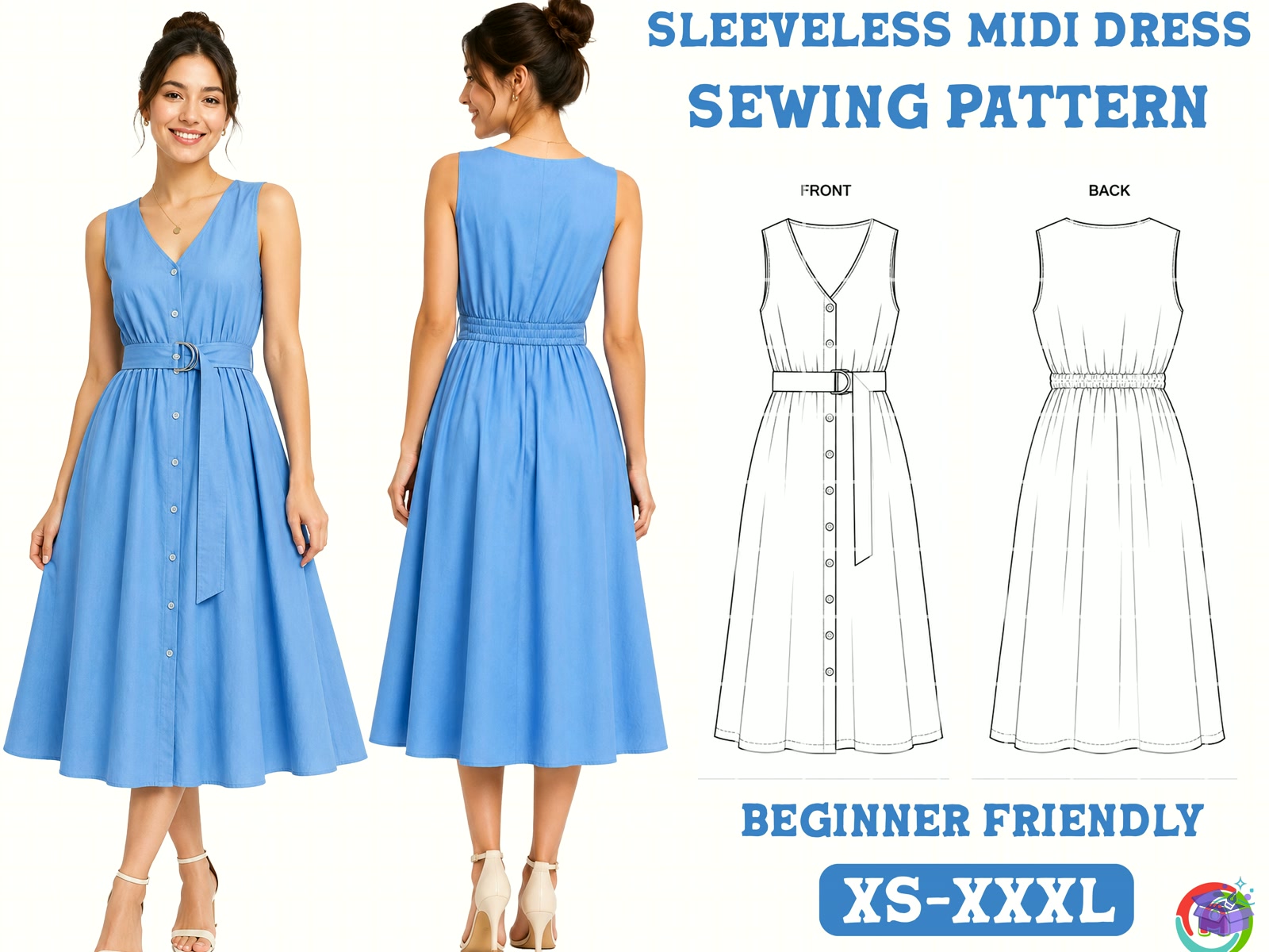 Sleeveless Midi Dress Sewing Desen - El İşi ve Kesim Dosyası (SVG, DXF, EPS, PNG) - El İşi & Zanaat İndir (DXF, SVG, EPS)