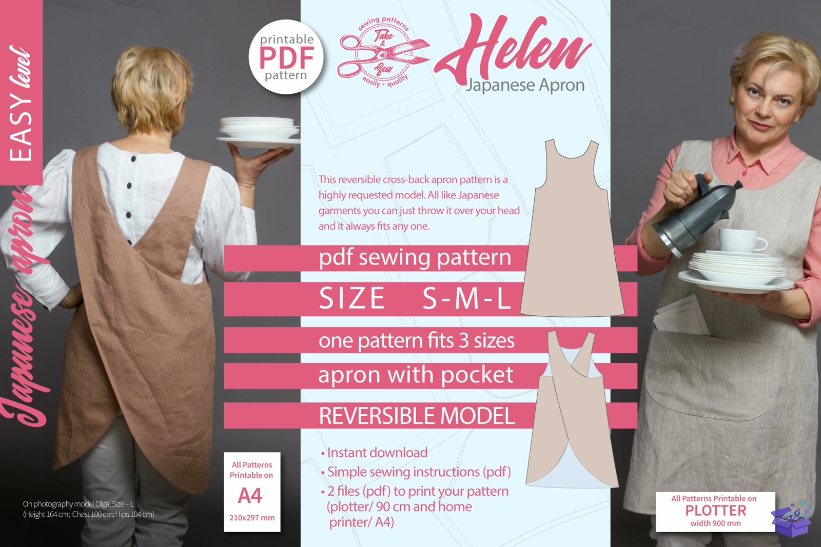 Japanese Apron Desen Size S M L - El İşi ve Kesim Dosyası (SVG, DXF, EPS, PNG) - El İşi & Zanaat İndir (DXF, SVG, EPS)