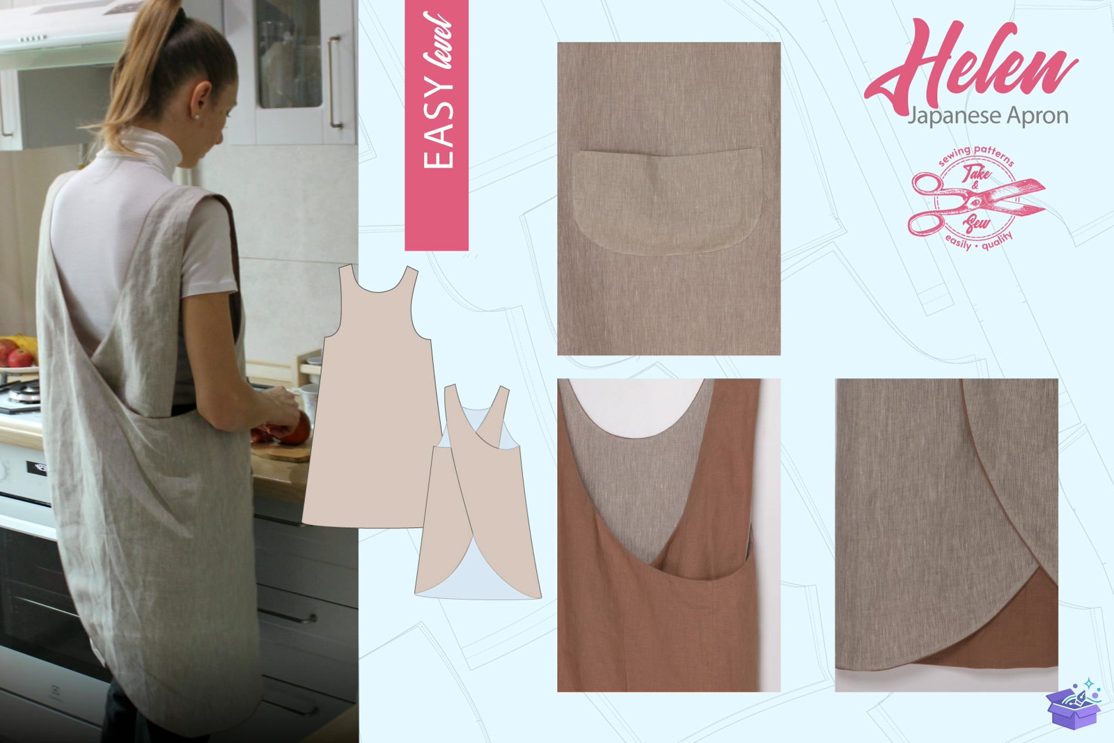 Japanese Apron Desen Size S M L - El İşi ve Kesim Dosyası (SVG, DXF, EPS, PNG) - detaylı önizleme 2