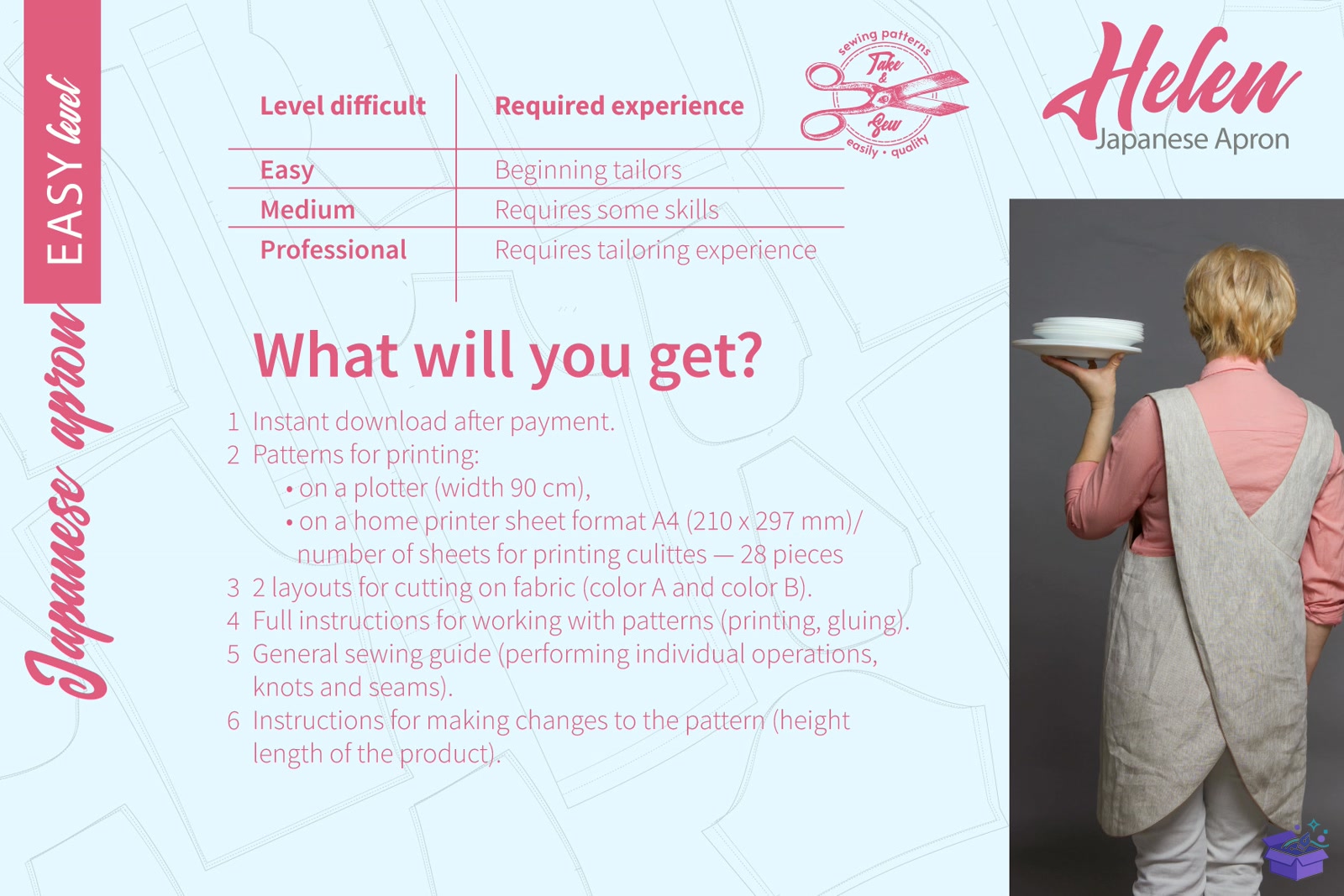Japanese Apron Desen Size S M L - El İşi ve Kesim Dosyası (SVG, DXF, EPS, PNG) - detaylı önizleme 3