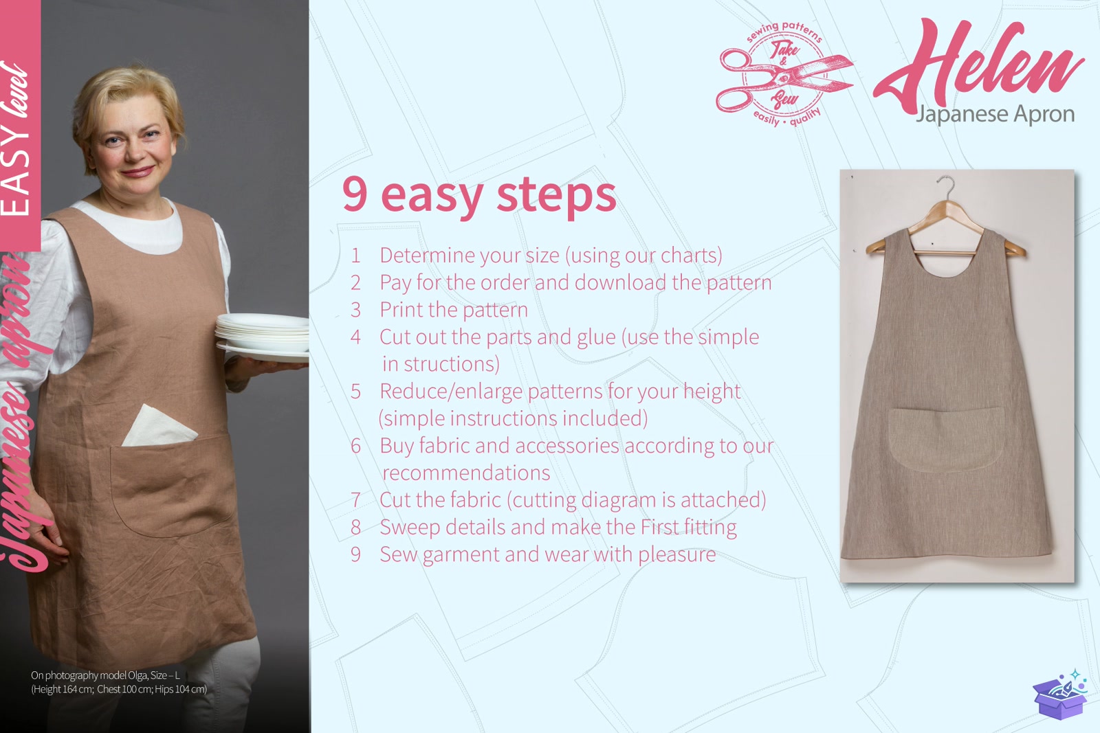Japanese Apron Desen Size S M L - El İşi ve Kesim Dosyası (SVG, DXF, EPS, PNG) - detaylı önizleme 4
