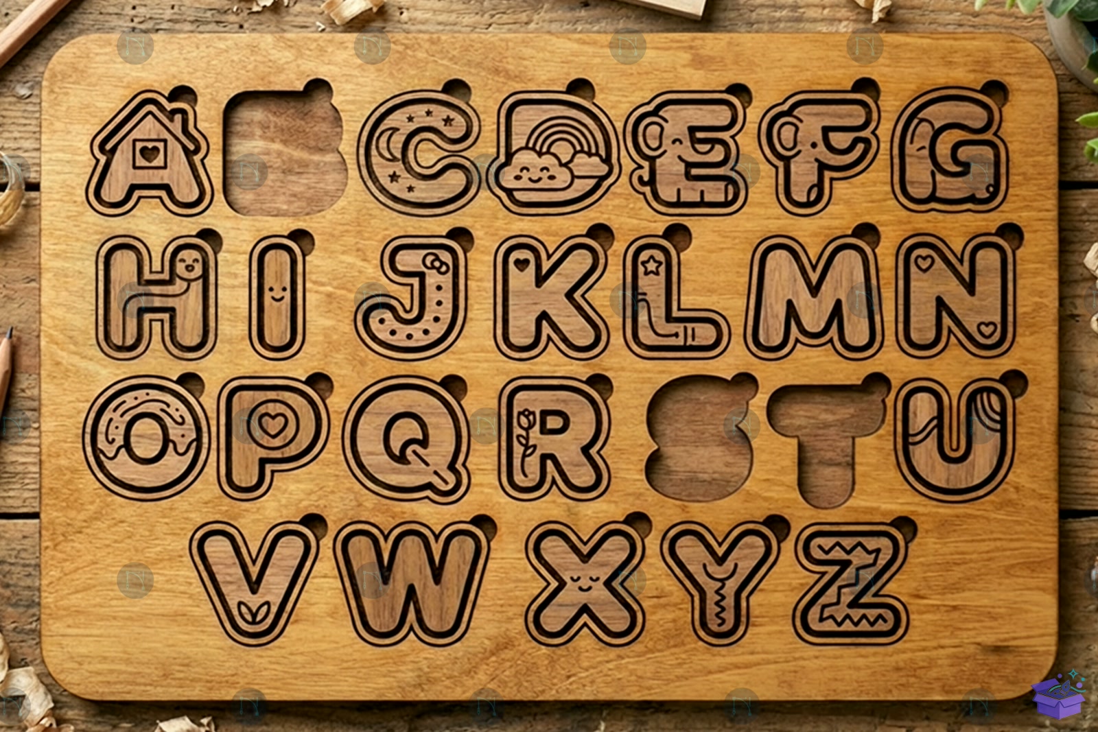 Lazer Kesim Alphabet Ahşap Yapboz Board SVG - El İşi ve Kesim Dosyası (SVG, DXF, EPS, PNG) - detaylı önizleme 5