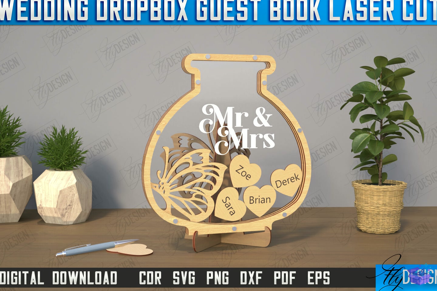 Düğün Nişan Drop Kutu Guestbook CNC - 3D Baskı ve Model Dosyası (STL, OBJ, 3MF) - detaylı önizleme 6