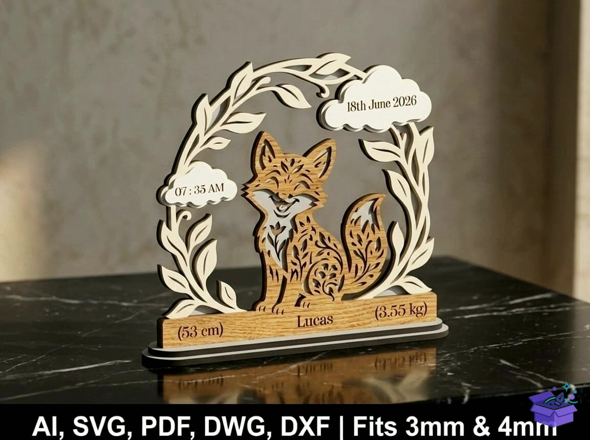 Fox Baby Birth Announcement Laser SVG DX - Lazer Kesim ve Çizim Dosyası (SVG, DXF, EPS, PNG) - Lazer Kesim Dosyaları İndir (DXF, SVG, EPS)