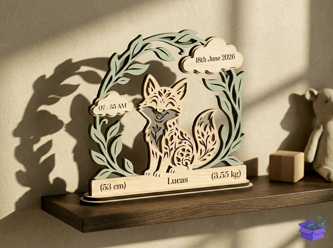 Fox Baby Birth Announcement Laser SVG DX - Lazer Kesim ve Çizim Dosyası (SVG, DXF, EPS, PNG) - detaylı önizleme 2