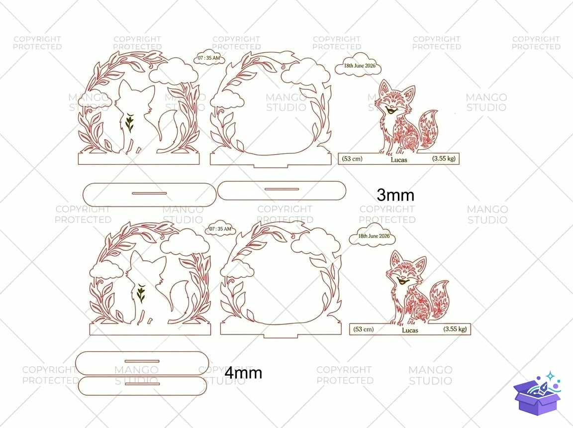 Fox Baby Birth Announcement Laser SVG DX - Lazer Kesim ve Çizim Dosyası (SVG, DXF, EPS, PNG) - detaylı önizleme 4