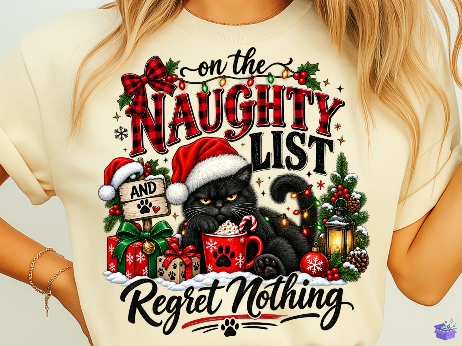 Naughty List Yılbaşı Kedi PNG Design - DTF & Süblimasyon Baskı Tasarımı (SVG, DXF, EPS, PNG) - detaylı önizleme 2