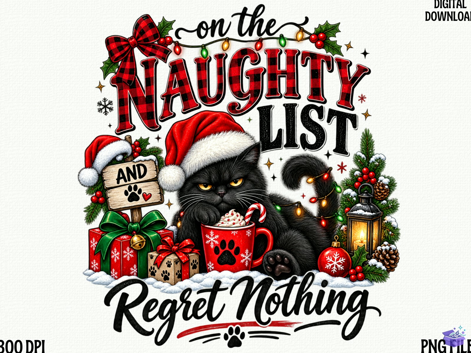 Naughty List Yılbaşı Kedi PNG Design - DTF & Süblimasyon Baskı Tasarımı (SVG, DXF, EPS, PNG) - detaylı önizleme 4