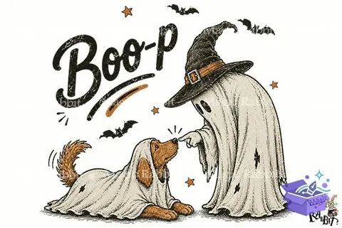 "Boo" Hayalet Köpek Cadılar Bayramı Tasarımı - DTF & Süblimasyon Baskı Tasarımı (PNG) - Süblimasyon İndir (PNG)