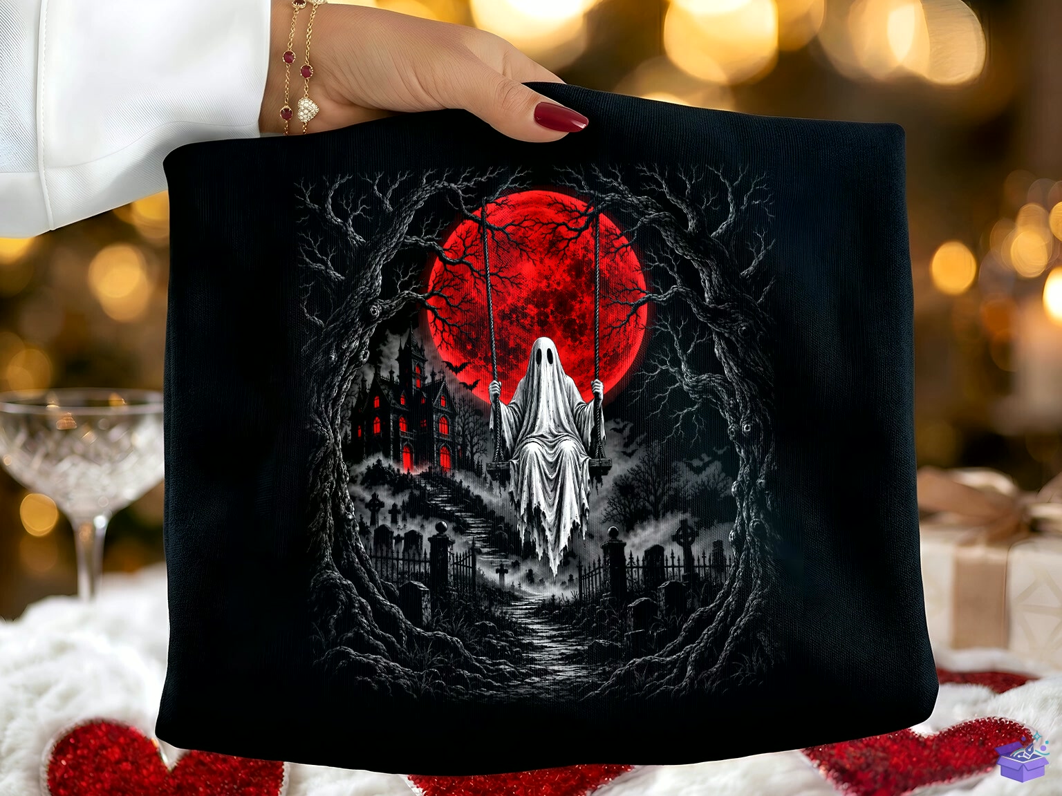 Retro Cadılar Bayramı Ghost Red Moon PNG - DTF & Süblimasyon Baskı Tasarımı (SVG, DXF, EPS, PNG) - detaylı önizleme 2