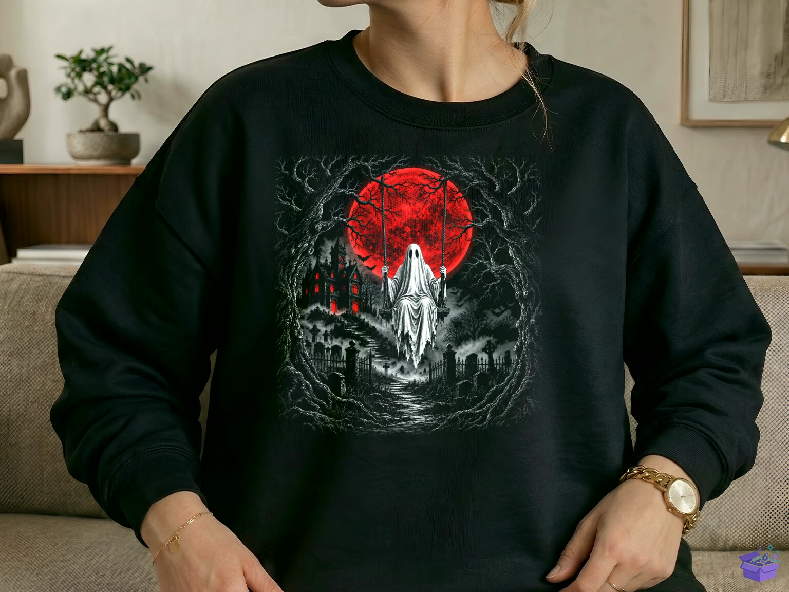 Retro Cadılar Bayramı Ghost Red Moon PNG - DTF & Süblimasyon Baskı Tasarımı (SVG, DXF, EPS, PNG) - detaylı önizleme 3