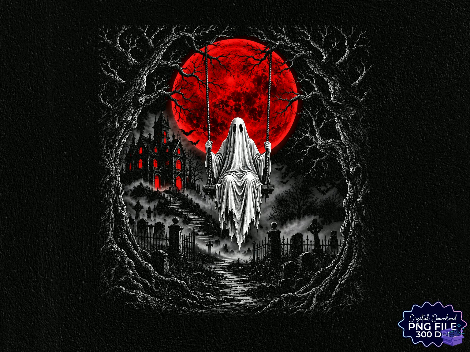 Retro Cadılar Bayramı Ghost Red Moon PNG - DTF & Süblimasyon Baskı Tasarımı (SVG, DXF, EPS, PNG) - detaylı önizleme 5