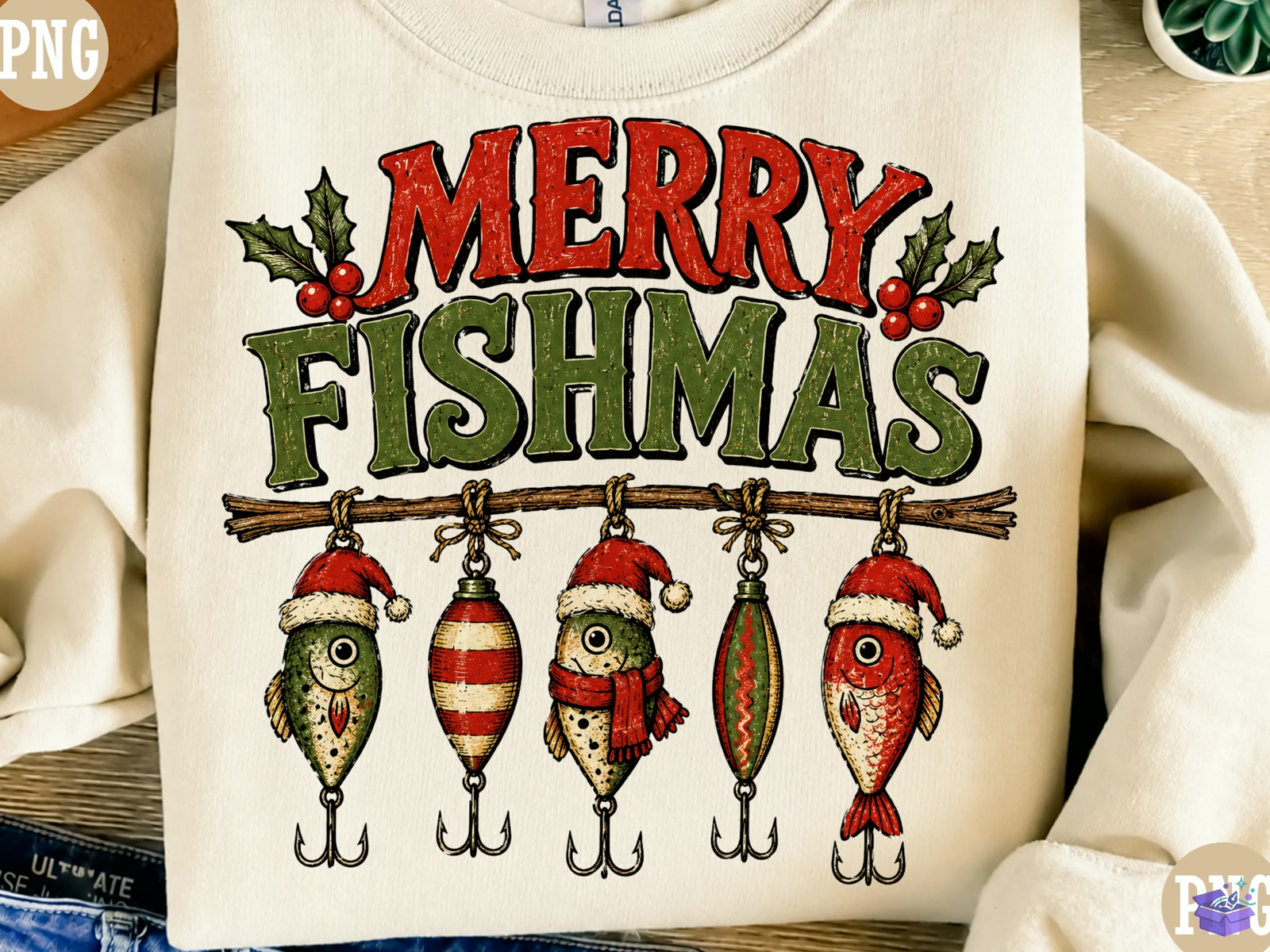 Merry Fishmas PNG Funny Yılbaşı Fishi - DTF & Süblimasyon Baskı Tasarımı (SVG, DXF, EPS, PNG) - detaylı önizleme 2
