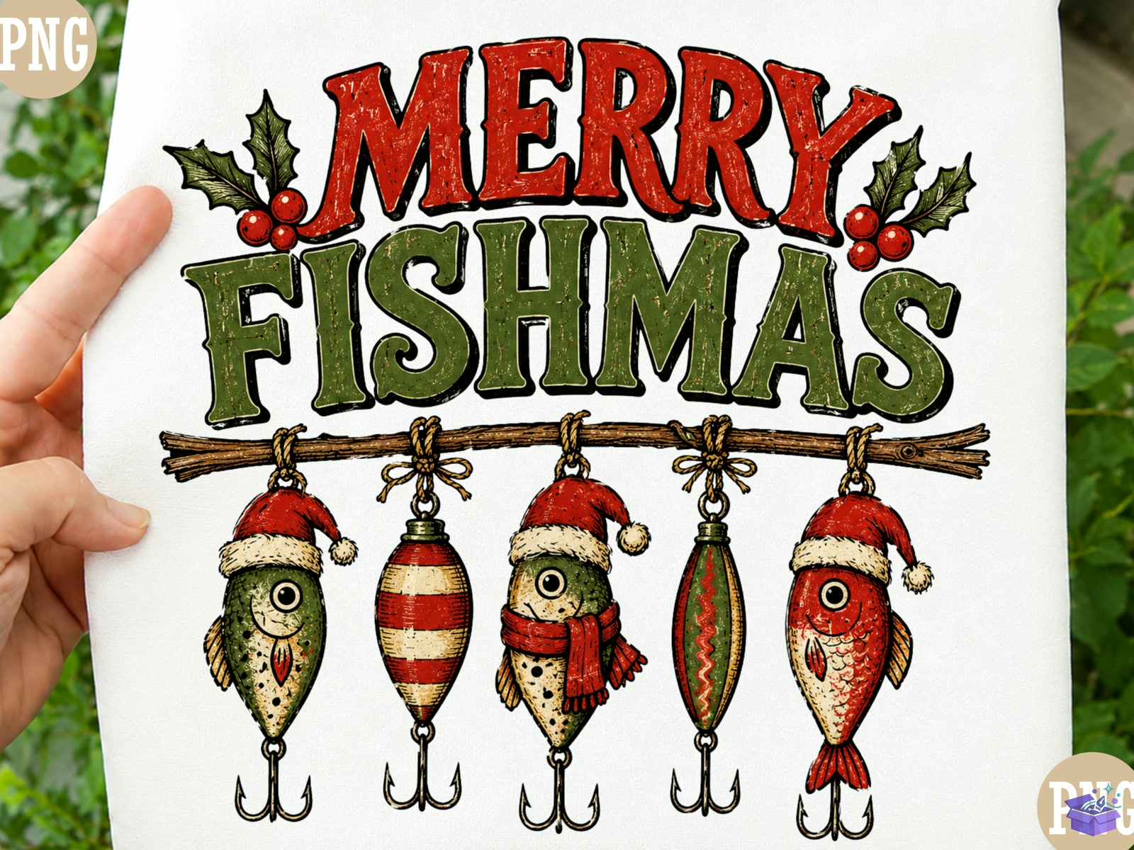 Merry Fishmas PNG Funny Yılbaşı Fishi - DTF & Süblimasyon Baskı Tasarımı (SVG, DXF, EPS, PNG) - detaylı önizleme 3