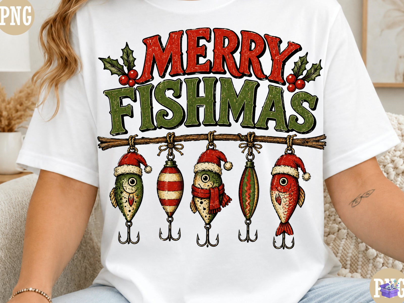 Merry Fishmas PNG Funny Yılbaşı Fishi - DTF & Süblimasyon Baskı Tasarımı (SVG, DXF, EPS, PNG) - detaylı önizleme 4