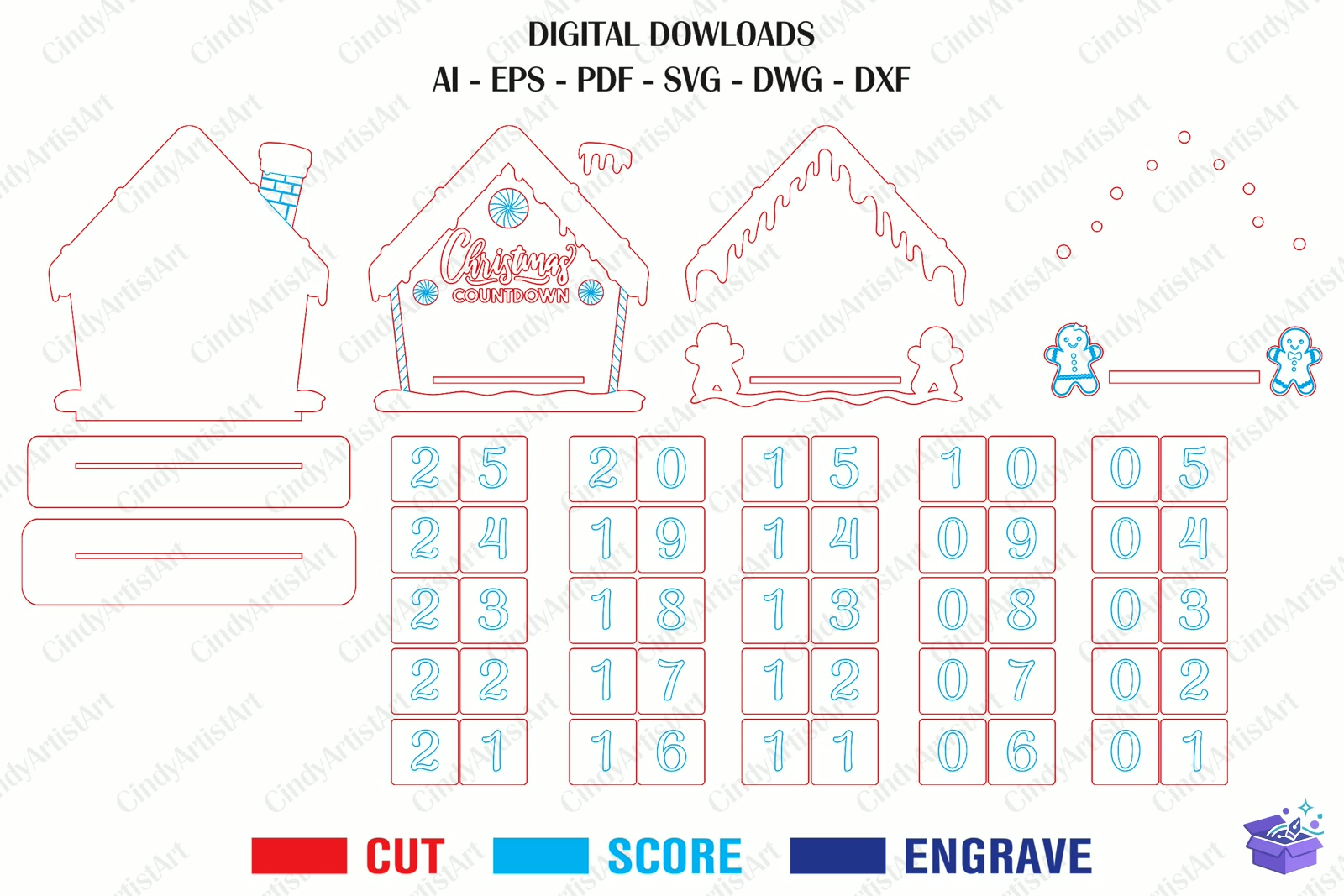 Gingerbread House Yılbaşı Countdown La - Lazer Kesim ve Çizim Dosyası (SVG, DXF, EPS, PNG) - detaylı önizleme 5