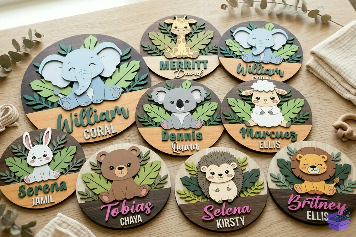Safari Animal Baby Name Tabela Levha Lazer Kesim - 3D Baskı ve Model Dosyası (STL, OBJ, 3MF) - Lazer Kesim Dosyaları İndir (STL, OBJ, 3MF)
