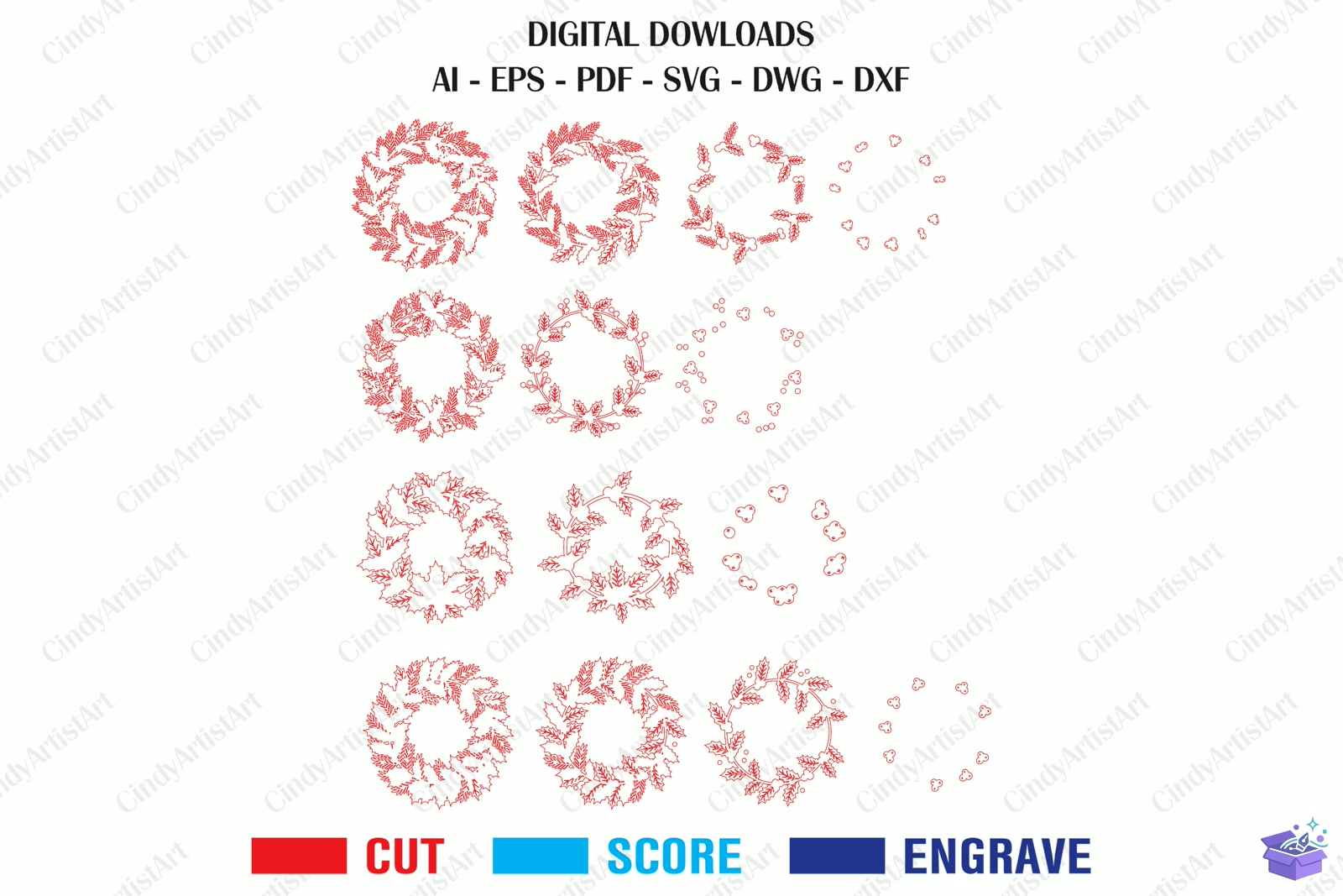 Yılbaşı Wreath Lazer Kesim SVG - El İşi ve Kesim Dosyası (SVG, DXF, EPS, PNG) - detaylı önizleme 6