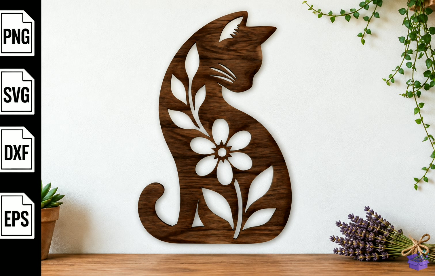 Kedi Floral Laser - El İşi ve Kesim Dosyası (SVG, DXF, EPS, PNG) - Lazer Kesim Dosyaları İndir (DXF, SVG, EPS)