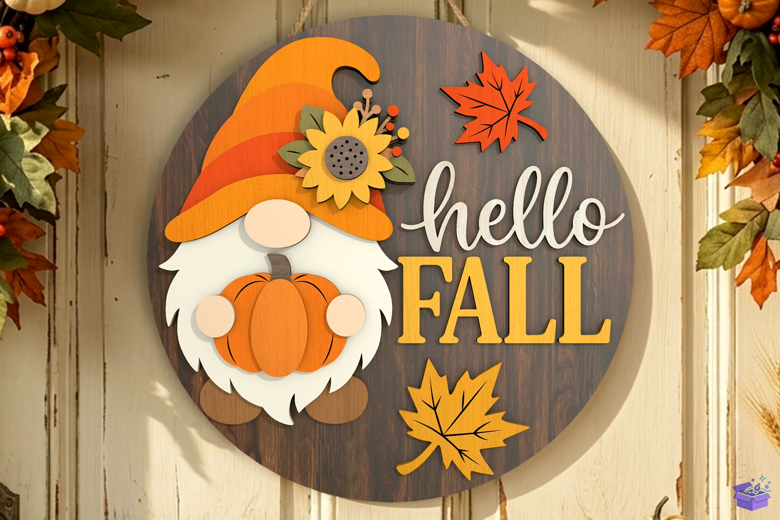 Hello Fall Gnome Kapı Süsü SVG - 3D Baskı ve Model Dosyası (STL, OBJ, 3MF) - detaylı önizleme 3
