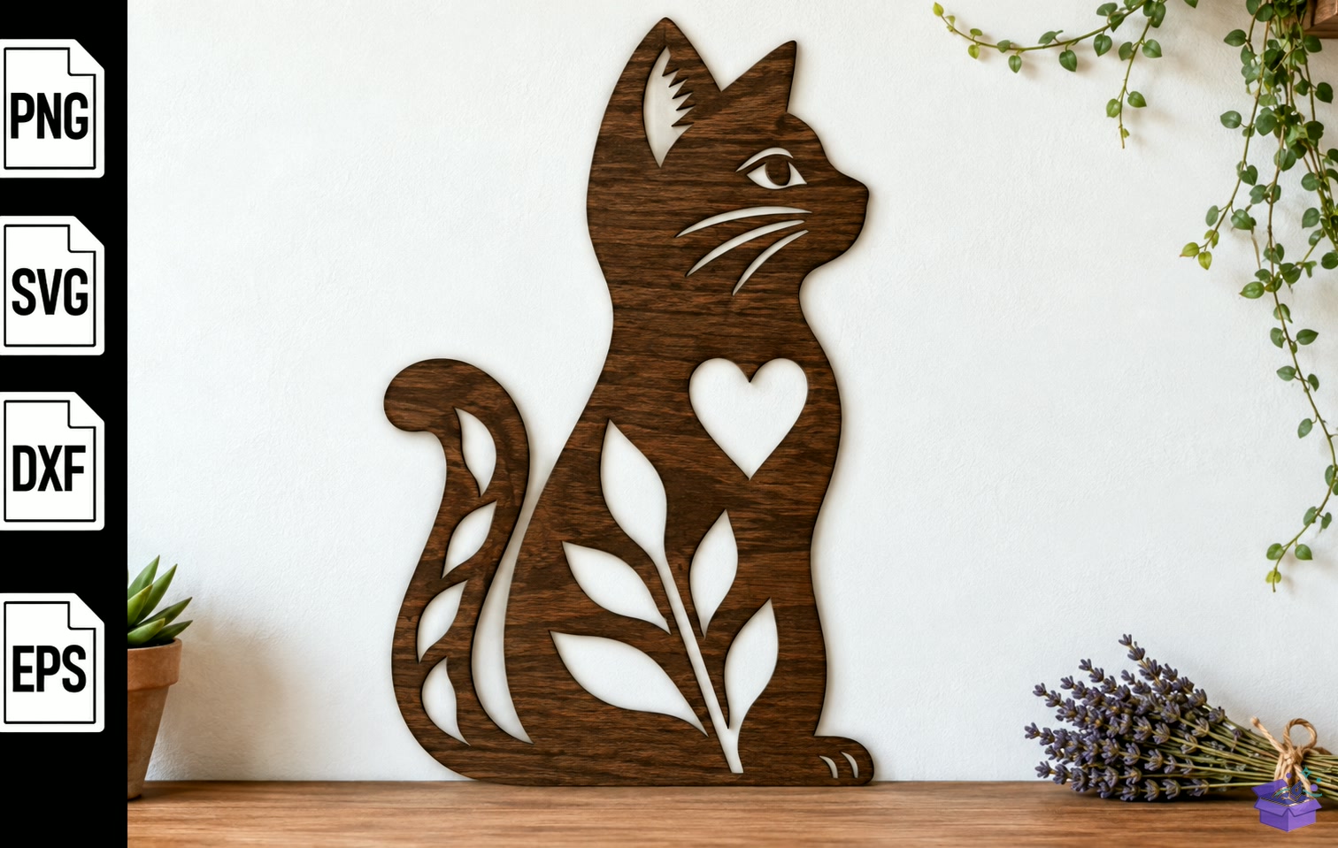 Kedi Floral Laser - El İşi ve Kesim Dosyası (SVG, DXF, EPS, PNG) - Lazer Kesim Dosyaları İndir (DXF, SVG, EPS)