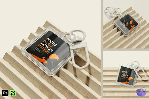 Kare Pleksi Anahtarlık Mockup (3 Tasarım) - Profesyonel Sunum Mockup Şablonu (PDF, PSD) - Mockuplar İndir (AI, PSD, PDF)
