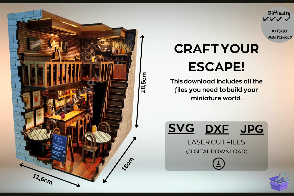 Pub Book Nook: Lazer Kesim Svg Dxf Jpg - 3D Baskı ve Model Dosyası (STL, OBJ, 3MF) - detaylı önizleme 6
