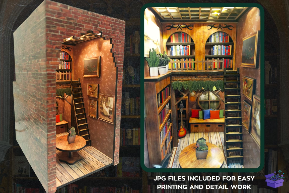 Booknook Design: Lazer Kesim DXF SVG JPG - 3D Baskı ve Model Dosyası (STL, OBJ, 3MF) - detaylı önizleme 3