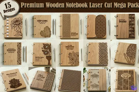 Premium Ahşap Defter Kapağı Mega Paketi (15 Tasarım) - Lazer Kesim ve Çizim Dosyası (SVG, DXF, EPS, AI) - Lazer Kesim Dosyaları İndir (OBJ, 3MF, DXF)
