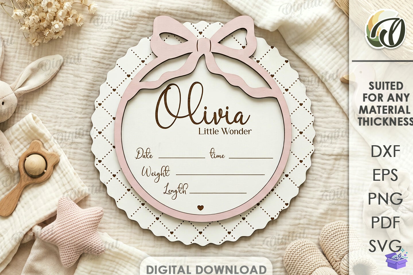 Baby Birth Announcement Tabela Levha Lazer Kesim - 3D Baskı ve Model Dosyası (STL, OBJ, 3MF) - detaylı önizleme 3
