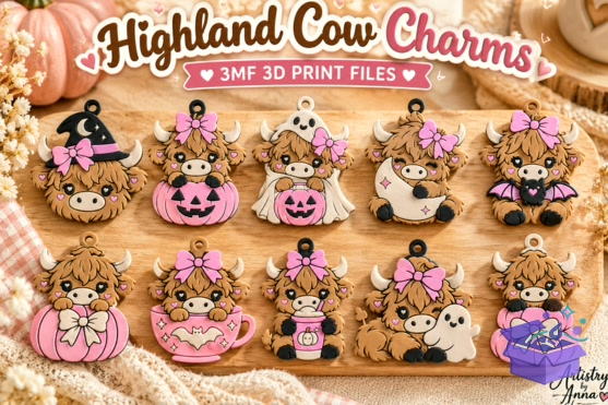 10 Spooky Highland Cow Charms 3MF Files - 3D Baskı ve Model Dosyası (STL, OBJ, 3MF) - 3D İndir (STL, OBJ, 3MF)