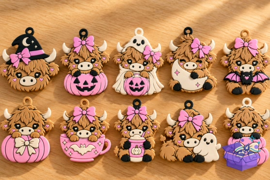 10 Spooky Highland Cow Charms 3MF Files - 3D Baskı ve Model Dosyası (STL, OBJ, 3MF) - detaylı önizleme 2
