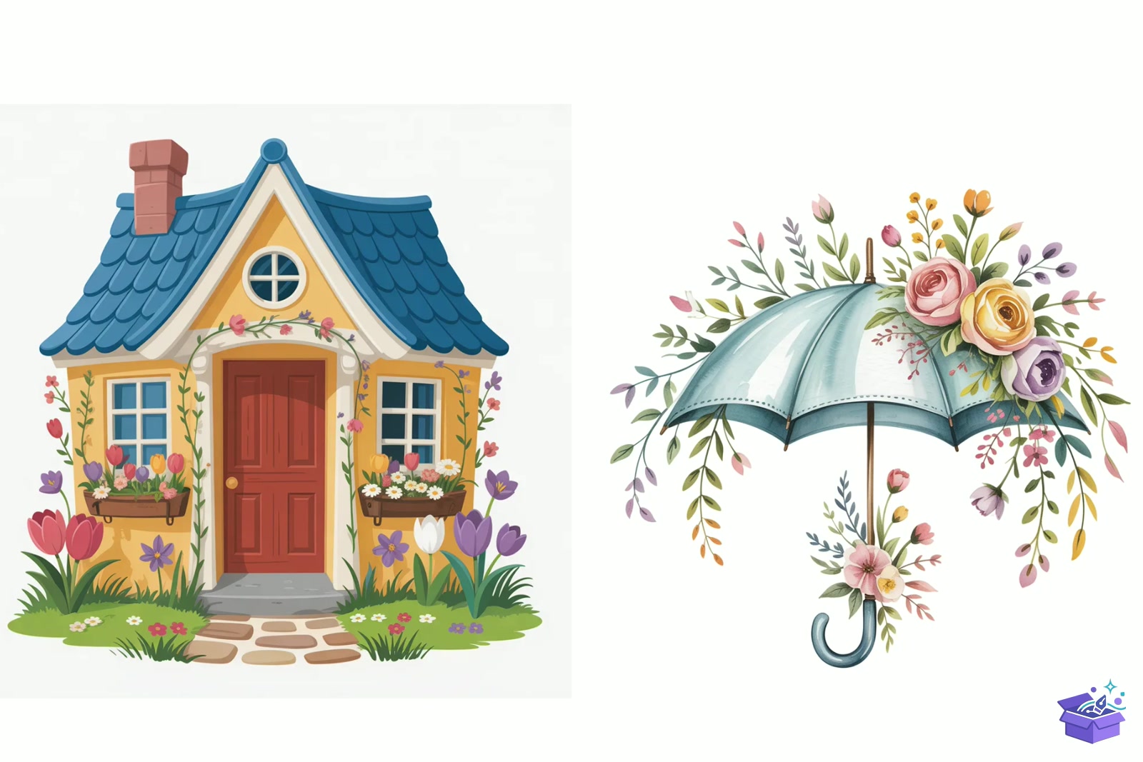 Cottage Summer Floral Watercolor - Lazer Kesim ve Çizim Dosyası (SVG, DXF, EPS, PNG) - detaylı önizleme 2