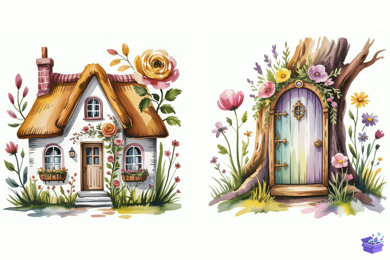 Cottage Summer Floral Watercolor - Lazer Kesim ve Çizim Dosyası (SVG, DXF, EPS, PNG) - detaylı önizleme 3