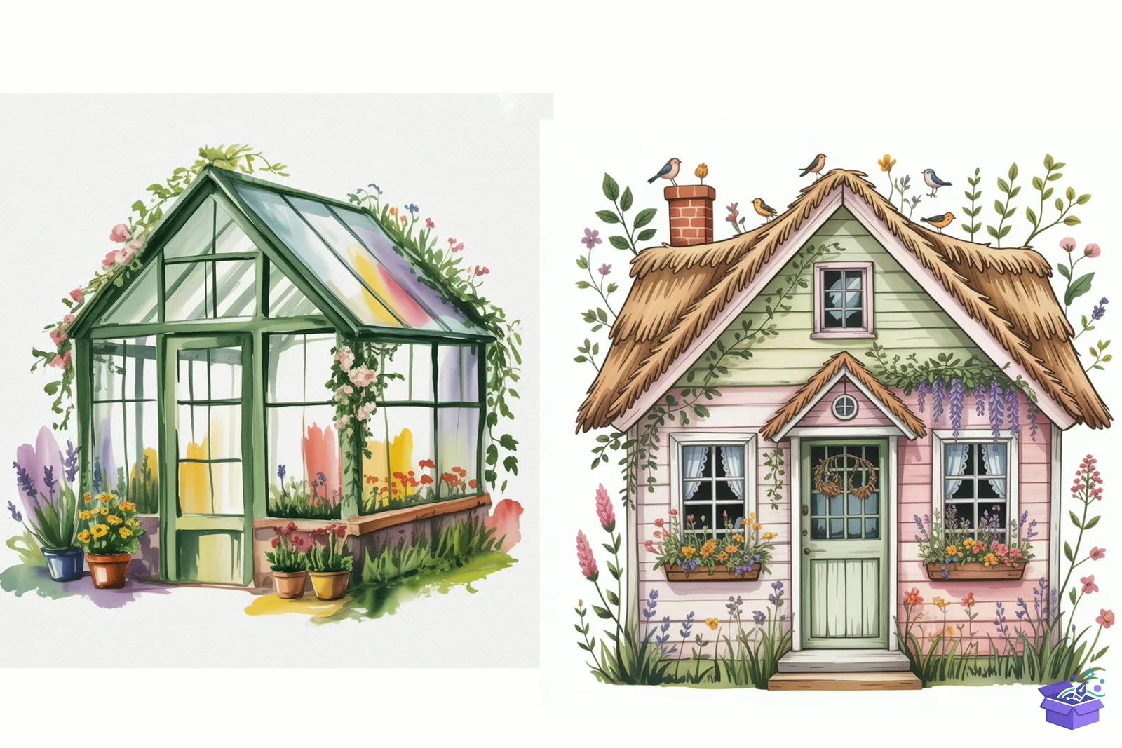 Cottage Summer Floral Watercolor - Lazer Kesim ve Çizim Dosyası (SVG, DXF, EPS, PNG) - detaylı önizleme 4